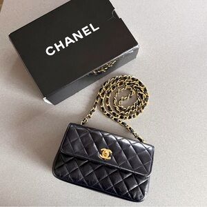 CHANEL Quilted Black Lambskin Leather Mini Rectangular Classic Flap Bag